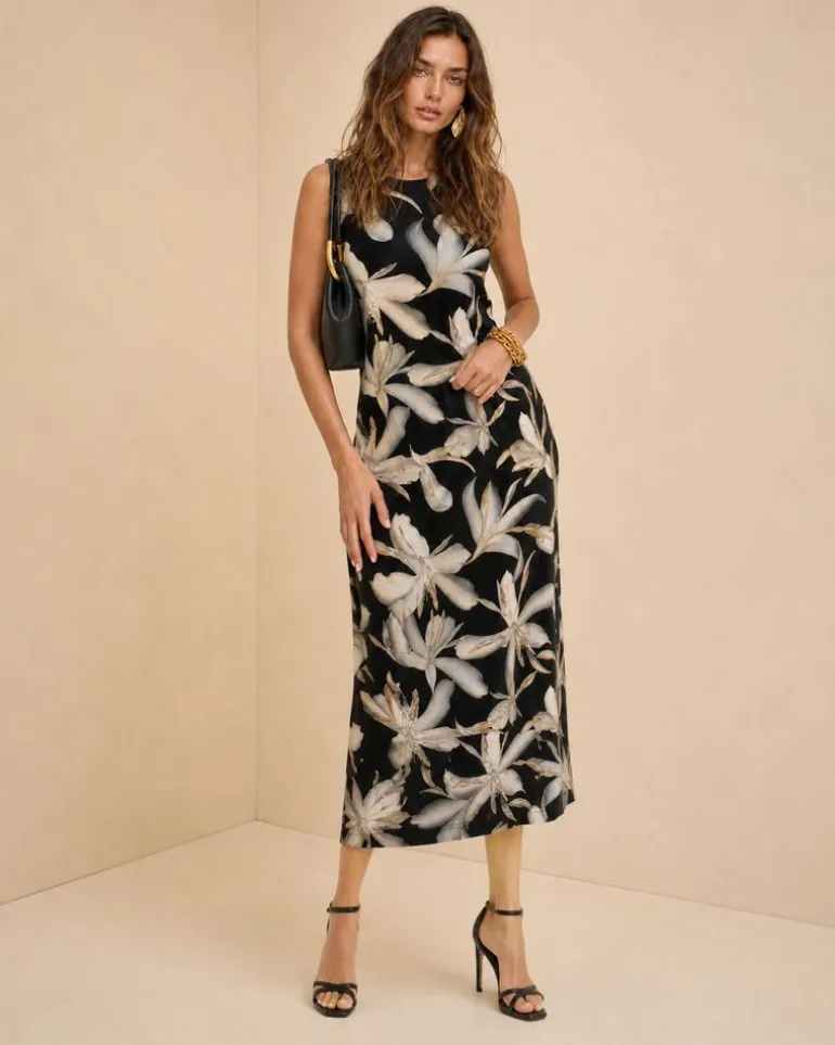 Vestido Morena Rosa Solto Decote Careca Sem Manga Midi Preto/Branco