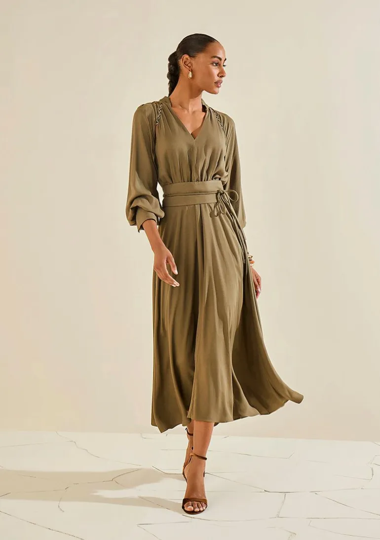 Vestido Morena Rosa Solto Decote V Manga Longa Midi Verde