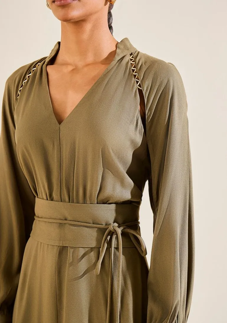 Vestido Morena Rosa Solto Decote V Manga Longa Midi Verde