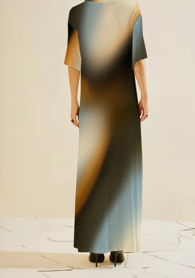 Vestido Morena Rosa Solto Decote Careca Manga Curta Longo Preto/Azul