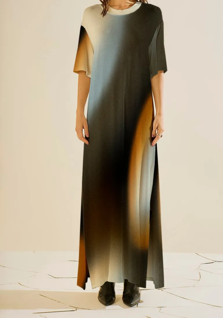 Vestido Morena Rosa Solto Decote Careca Manga Curta Longo Preto/Azul
