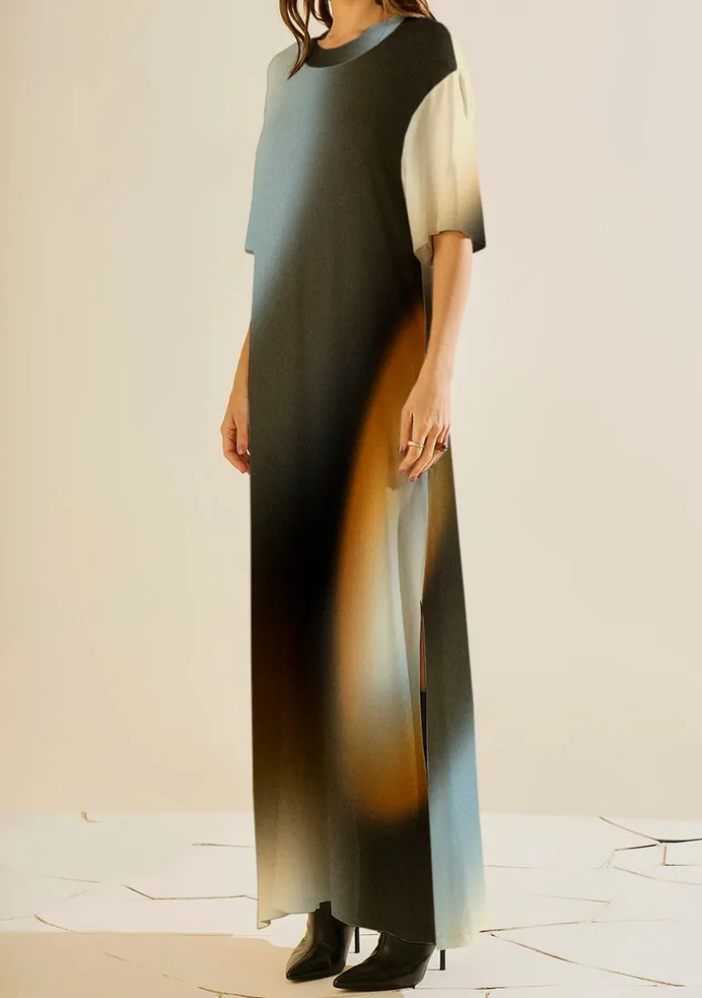Vestido Morena Rosa Solto Decote Careca Manga Curta Longo Preto/Azul