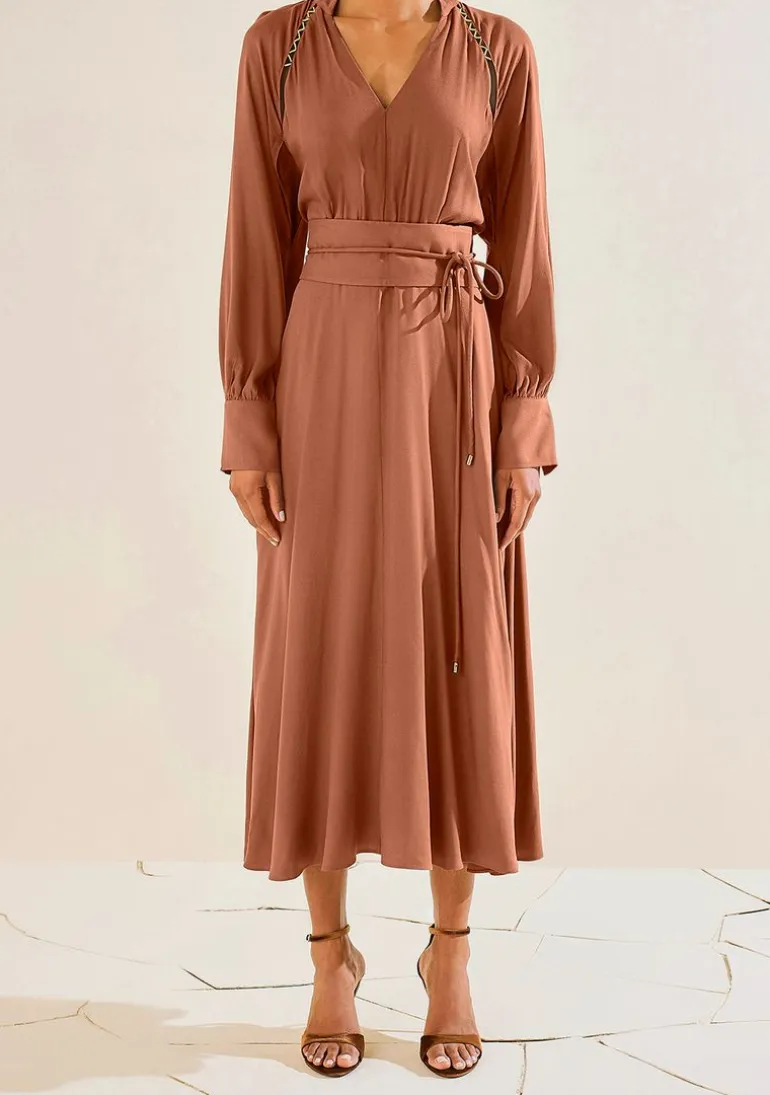 Vestido Morena Rosa Solto Decote V Manga Longa Midi Marrom