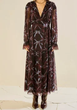 Vestido Morena Rosa Solto Decote V Manga Longa Longo Bordo