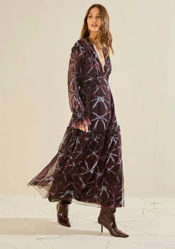 Vestido Morena Rosa Solto Decote V Manga Longa Longo Bordo