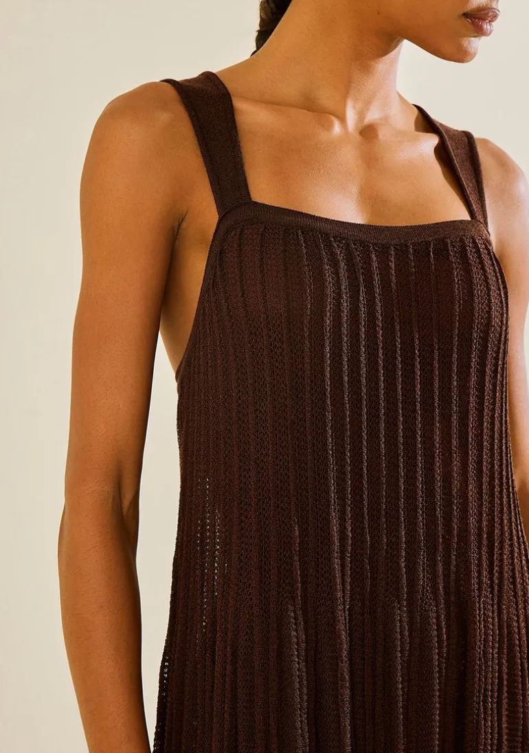 Vestido Morena Rosa Solto Decote Reto Com Alça Longo Marrom