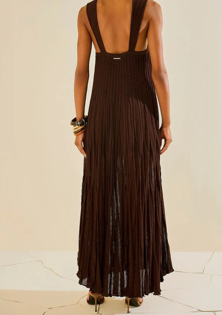 Vestido Morena Rosa Solto Decote Reto Com Alça Longo Marrom