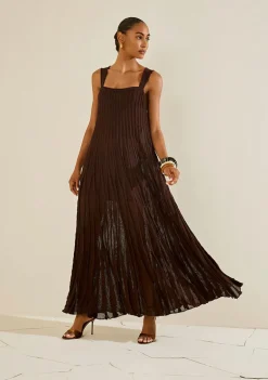 Vestido Morena Rosa Solto Decote Reto Com Alça Longo Marrom