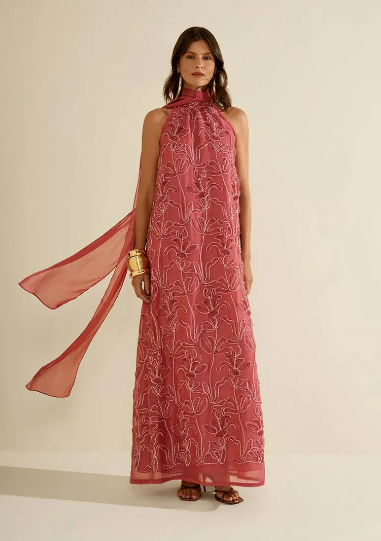 Vestido Morena Rosa Solto Gola Alta Sem Manga Longo Rosa