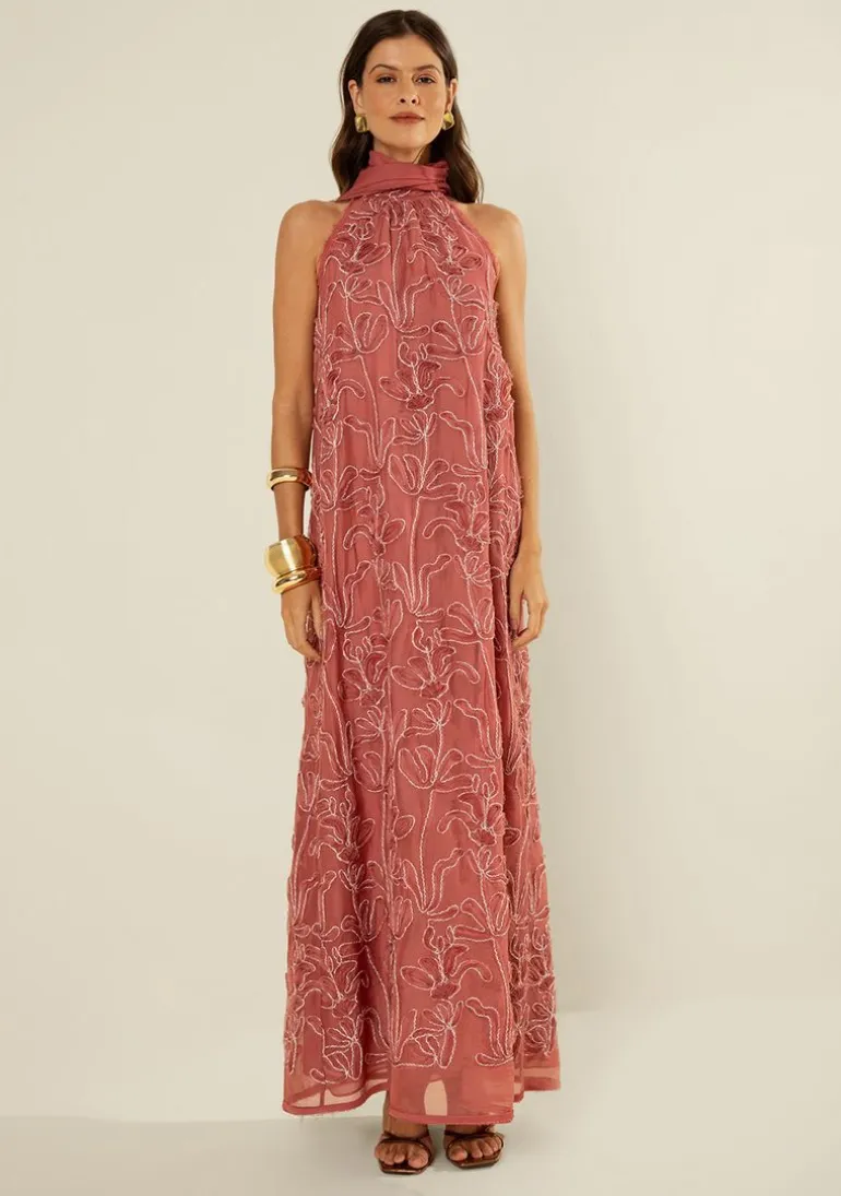Vestido Morena Rosa Solto Gola Alta Sem Manga Longo Rosa