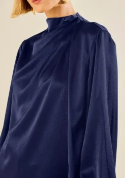 Vestido Morena Rosa Solto Gola Alta Manga Longa Curto Azul