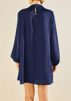 Vestido Morena Rosa Solto Gola Alta Manga Longa Curto Azul
