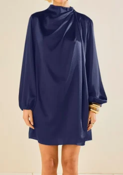 Vestido Morena Rosa Solto Gola Alta Manga Longa Curto Azul