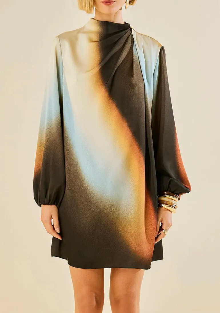Vestido Morena Rosa Solto Gola Alta Manga Longa Curto Preto/Azul