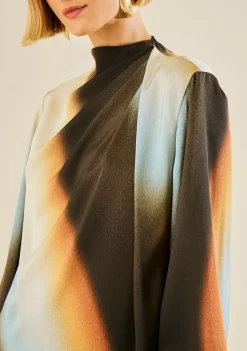 Vestido Morena Rosa Solto Gola Alta Manga Longa Curto Preto/Azul