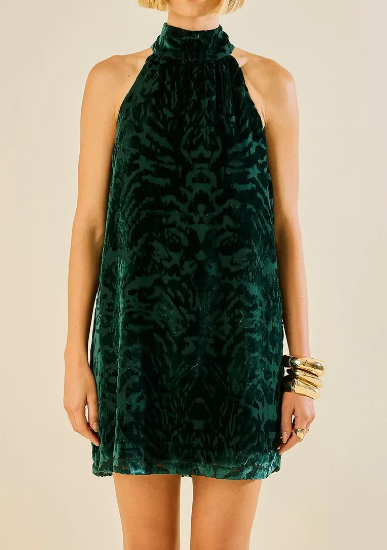 Vestido Morena Rosa Solto Gola Alta Sem Manga Curto Verde