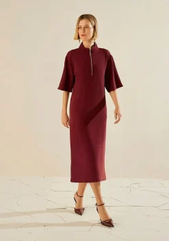 Vestido Morena Rosa Solto Gola Alta Manga Curta Longo Bordo
