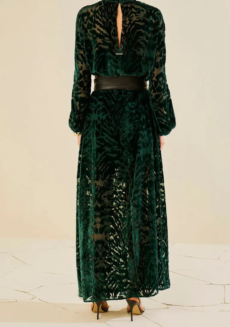 Vestido Morena Rosa Solto Gola Alta Manga Longa Longo Verde