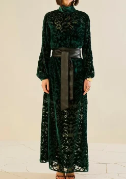 Vestido Morena Rosa Solto Gola Alta Manga Longa Longo Verde