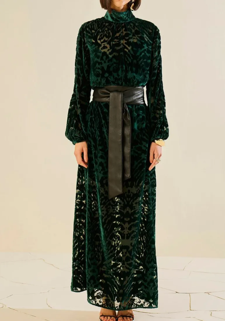 Vestido Morena Rosa Solto Gola Alta Manga Longa Longo Verde