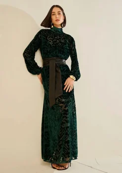 Vestido Morena Rosa Solto Gola Alta Manga Longa Longo Verde