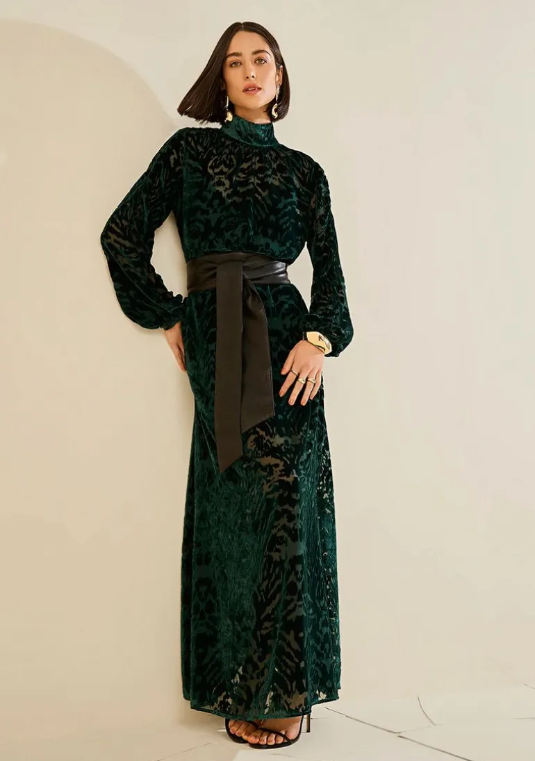 Vestido Morena Rosa Solto Gola Alta Manga Longa Longo Verde