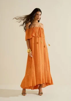 Vestido Morena Rosa Solto Ombro A Ombro Manga Curta Longo Laranja
