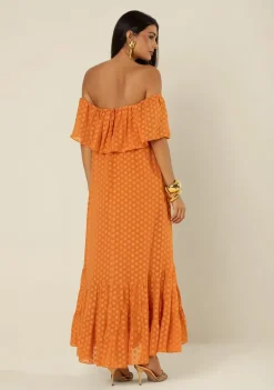 Vestido Morena Rosa Solto Ombro A Ombro Manga Curta Longo Laranja