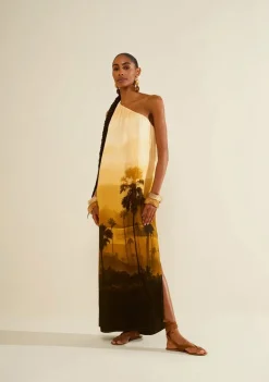 Vestido Morena Rosa Solto Um Ombro Só Sem Manga Longo Marrom