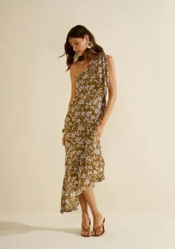Vestido Morena Rosa Solto Um Ombro Só Sem Manga Midi Marrom