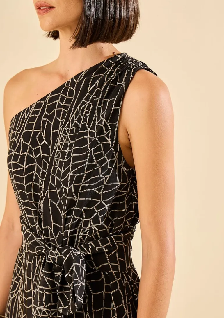 Vestido Morena Rosa Solto Um Ombro Só Sem Manga Midi Preto