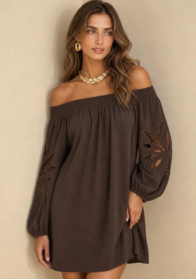 Vestido Ombro a Ombro Tropicalia Marrom