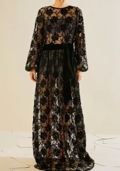 Vestido Solto Decote Careca Manga Longa Longo Preto