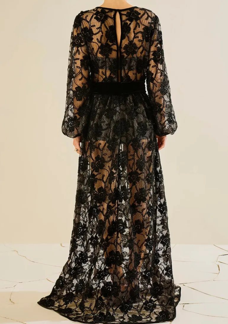 Vestido Solto Decote Careca Manga Longa Longo Preto