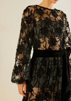Vestido Solto Decote Careca Manga Longa Longo Preto