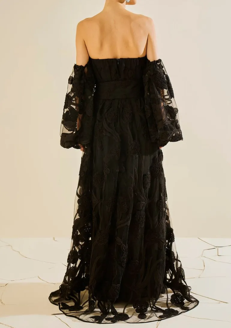 Vestido Solto Decote Reto Manga Longa Longo Preto