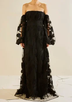 Vestido Solto Decote Reto Manga Longa Longo Preto