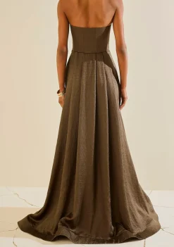 Vestido Solto Decote Reto Sem Manga Longo Marrom