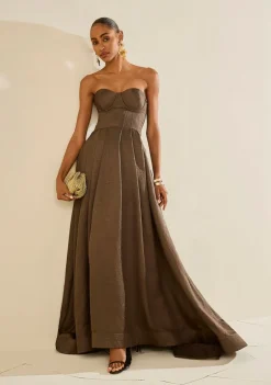 Vestido Solto Decote Reto Sem Manga Longo Marrom