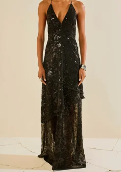 Vestido Solto Decote V Com Alca Longo Preto