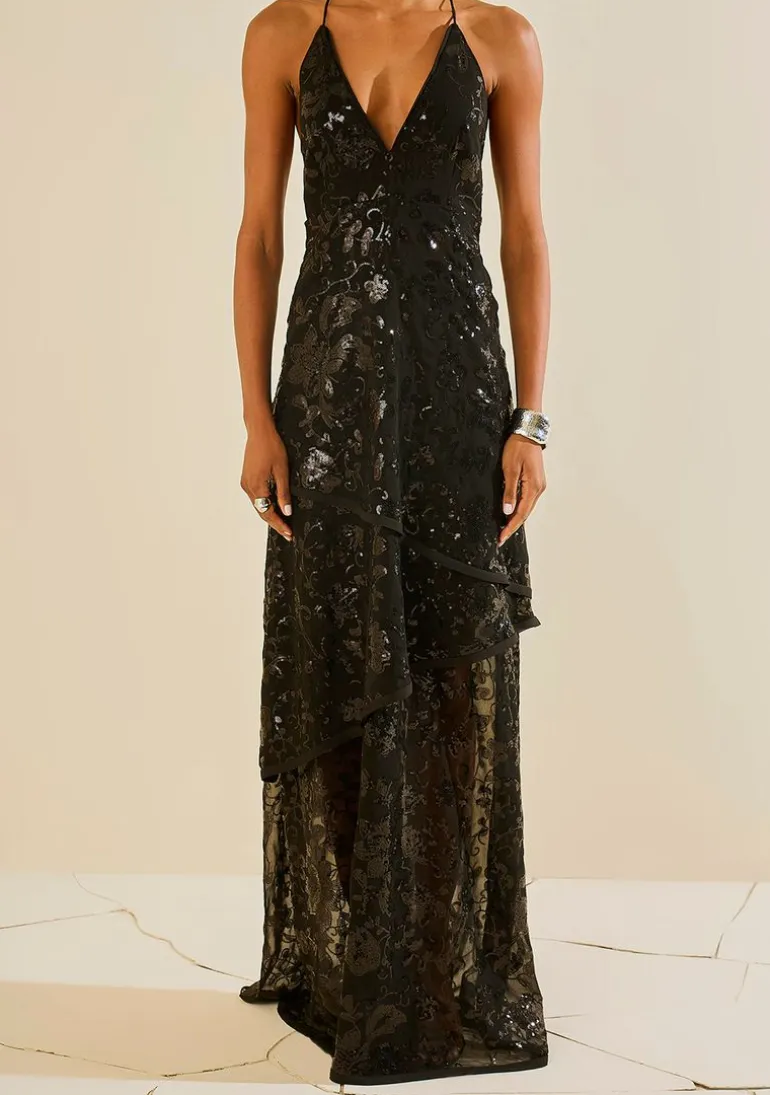 Vestido Solto Decote V Com Alca Longo Preto