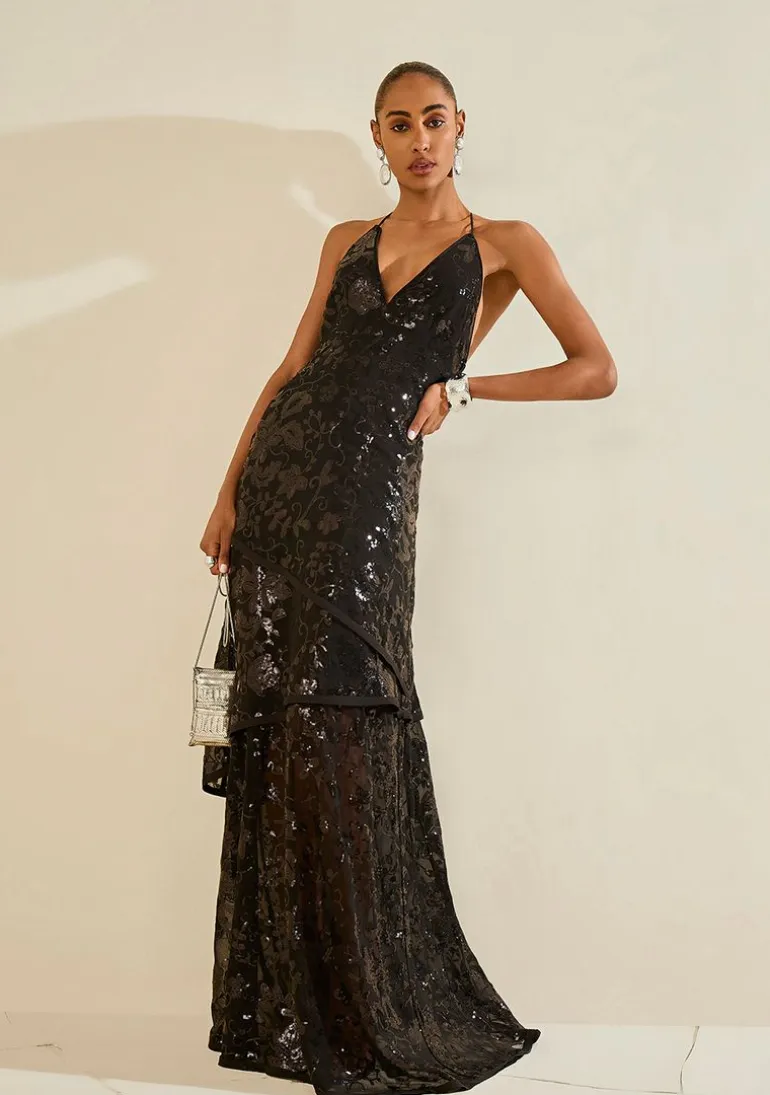 Vestido Solto Decote V Com Alca Longo Preto
