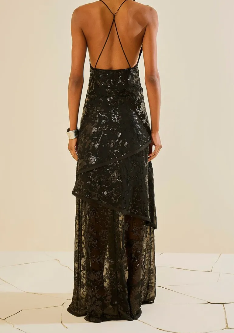 Vestido Solto Decote V Com Alca Longo Preto