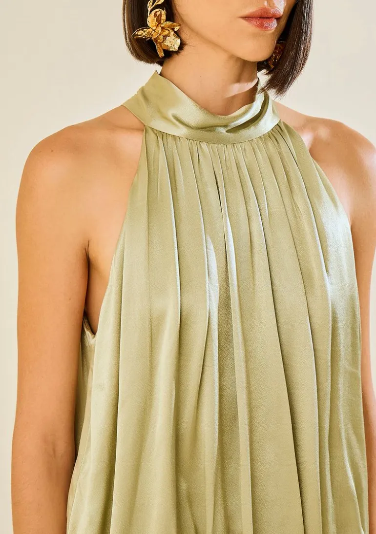 Vestido Solto Gola Alta Sem Manga Longo Verde