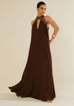 Vestido Solto Gola Alta Sem Manga Longo Marrom