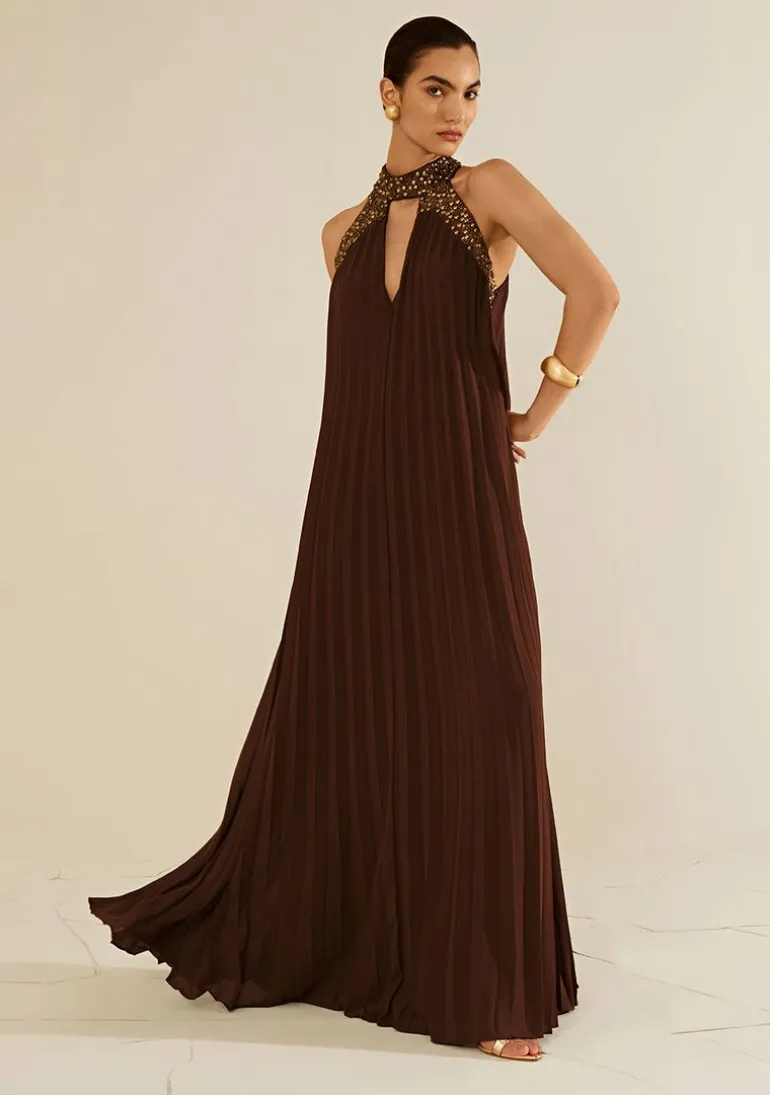 Vestido Solto Gola Alta Sem Manga Longo Marrom